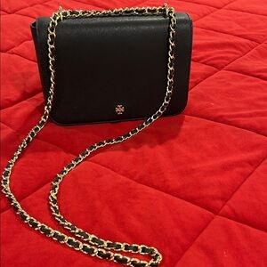 Tory Burch Black Leather Crossbody with Gold Chain